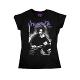 Remera negra entallada de algodón con estampado del grupo de rock The Cure y la frase 'Boys Don't Cry' en color lila.