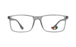 Armazón para lentes de receta MDQ modelo T42, color gris transparente, de forma rectangular.