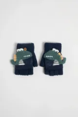 Guantes de lana azul marino con diseño de dinosaurio verde en el dorso.