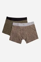 Pack de dos bóxers estampados, uno con diseño geométrico en tonos marrones y cintura elástica negra, y otro con estampado floral en tonos azules y cintura elástica gris.