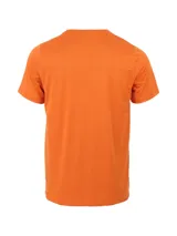 Remera gris jaspeado de manga corta con logo de la marca Merrell estampado en el pecho.