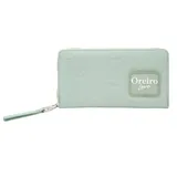 Billetera rectangular color verde agua con cierre perimetral y correa de mano. Diseño con textura de labios en relieve y logo de la marca en aplique transparente.