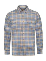 Camisa de franela a cuadros azul, beige y negro, de manga larga con puños abotonados, cuello camisero y cierre frontal con botones de madera. Tiene dos bolsillos de parche con botón en el pecho. Confeccionada en algodón orgánico cepillado.