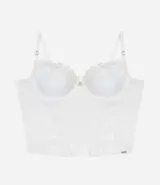 Corset blanco de media copa con tirantes finos ajustables y detalles de encaje.