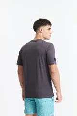 Remera gris de manga corta con cuello redondo y estampado tipográfico en el frente.