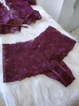 Conjunto de lencería color bordó, compuesto por un top de lycra y encaje con espalda de microtul y una bombacha hipster tiro alto de lycra y encaje con forro de algodón.