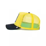 Gorra de camionero Goorin Bros color amarillo con paneles de malla y visera negra. Parche frontal con bordado de un perro Golden Retriever y la palabra "Loyal".