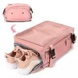 Mochila rectangular color beige, con múltiples bolsillos frontales y laterales, correas ajustables y asa superior.