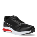Championes deportivos unisex color negro con detalles en blanco y rojo.