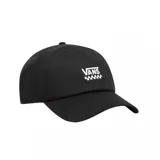 Gorra negra de Vans con logo blanco bordado en el frente.