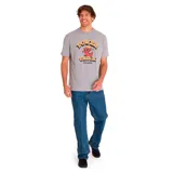 Remera gris de manga corta con estampa frontal de un camión animado y el logo de Caterpillar.