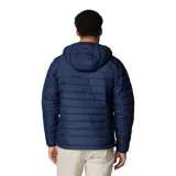 Campera puffer negra con capucha, cierre frontal completo, bolsillos laterales con cierre y logo de Columbia bordado en blanco en el pecho.