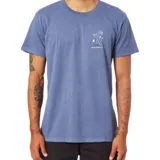 Remera azul de manga corta con cuello redondo y estampado en el pecho de dos palmeras, un sol y la frase 'easy does it'.