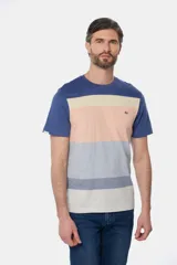 Remera de manga corta con diseño a rayas horizontales en blanco, gris, azul y celeste.