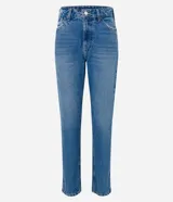 Pantalón de jeans azul de corte slim, tiro alto y cinco bolsillos.
