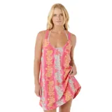 Vestido de playa Rip Curl Keepsakes Cover Up, color rosa con estampado de flores en tonos celeste y amarillo.