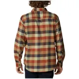 Camisa de franela de manga larga, con bolsillo en el pecho y diseño a cuadros en tonos marrón y verde.