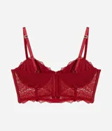 Soutien alargado confeccionado en encaje floral color rojo. Diseño estructurado estilo corset, con aro, breteles ajustables y cierre trasero con ganchos.