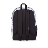 Mochila Jansport modelo Cross Town de 26 litros, color blanco con estampado de dibujos en negro. Incluye logo de la marca en el frente, bolsillo frontal con cierre, un compartimento principal con cierre y un bolsillo lateral de malla.