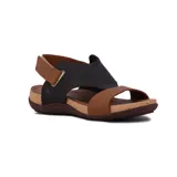 Sandalias casuales de cuero color marrón y negro, con dos tiras y pulsera con velcro.