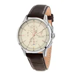 Reloj Maserati modelo Sorpasso R8871624010 para hombre, con caja plateada de acero inoxidable y detalles dorados, dial color crema con el logo de la marca y correa de cuero marrón con textura. Resistente al agua hasta 50 metros.