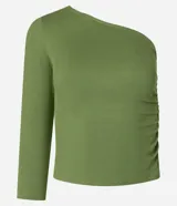 Blusa verde de rib con escote asimétrico de un solo hombro y manga larga.