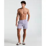 Short de baño blanco con estampado geométrico azul y cordón ajustable en la cintura.