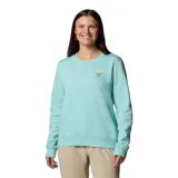 Buzo celeste de algodón con cuello redondo y puños acanalados. Estampado pequeño en el pecho con el logo de Columbia y un paisaje de montañas y sol.