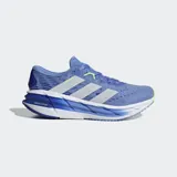 Championes de running Adidas Adistar 4, color celeste con detalles en blanco y amarillo. Diseñados para correr largas distancias, con mediasuela REPETITOR para amortiguación y estabilidad.