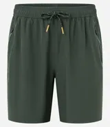 Bermuda deportiva negra sin estampado, con cintura elástica ajustable con cordón, y bolsillo lateral con cierre de cremallera contrastante.