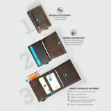 Billetera tarjetero de cuero sintético color verde oliva con tecnología RFID blocking. Tiene capacidad para 8 tarjetas y 6 billetes. Cuenta con un mecanismo deslizante para fácil acceso a las tarjetas.