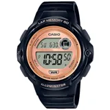 Reloj digital Casio con caja y correa de resina negra, dial color cobre y cristal de resina. Resistente al agua hasta 100 metros. Funciones: hora, calendario, alarma, señal horaria, cronómetro, temporizador y luz LED.