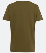 Blusa básica de algodón color tostado, de manga corta con dobladillo y nudo frontal.