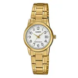 Reloj Casio MTPV002G-7B2UDF para mujer, con caja y pulsera de acero inoxidable color dorado, esfera blanca con números arábigos y calendario. Resistente al agua hasta 50 metros.