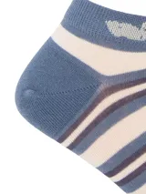 Calcetines tobilleros a rayas horizontales en tonos azul, blanco y marrón.