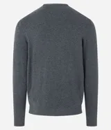 Suéter de punto azul marino para hombre, con cuello redondo, sisas ligeramente desplazadas y bajo y puños acanalados.