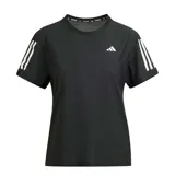 Remera deportiva negra de mujer, marca Adidas, con cuello redondo, mangas cortas con tres tiras blancas y logo blanco en el pecho.