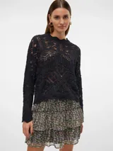 Sweater de punto negro con calados, mangas largas abullonadas y cuello redondo.