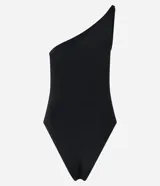 Body negro de jersey con un solo hombro, fruncido lateral y cierre en la entrepierna.
