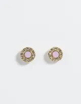 Par de aros pasantes circulares dorados con strass y centro con piedra rosa.