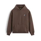 Canguro marrón con capucha, cordones ajustables y bolsillo tipo canguro. Estampado pequeño en el pecho con el logo de la marca.