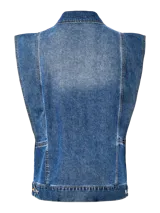Chaleco de jean azul con cuello camisero, cierre frontal abotonado, bolsillos de parche en el pecho y diseño sin mangas.