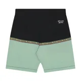 Boardshort de surf de 18 pulgadas, con diseño bicolor: negro en la parte superior y verde menta en la inferior, separados por una cinta estampada con texto. Posee cordón de ajuste blanco en la cintura y parches bordados con texto en ambas piernas.