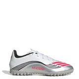 Championes de fútbol Adidas F50 Messi Club TF, unisex, color blanco con detalles en rojo, negro y plateado.