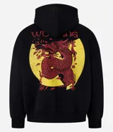 Buzo negro con capucha, de corte boxy, con estampa frontal amarilla de Wu-Tang Clan.