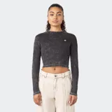 Remera corta de manga larga color gris con efecto lavado, cuello redondo y logo de la marca bordado en el pecho.