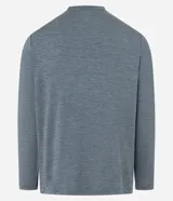 Remera deportiva de manga larga para hombre, color gris azulado jaspeado, con cuello redondo y costuras visibles en hombros y cuello.