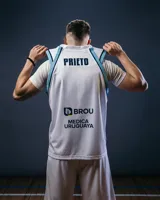 Camiseta de básquet Umbro de la selección de Uruguay, modelo alternativo. Diseño blanco con detalles celestes y azules. Incluye logo de Umbro, escudo de Uruguay y sponsor Antel en el frente.