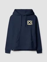 Buzo hoodie azul marino con capucha y cordones ajustables, de corte holgado y puños elásticos. Presenta un estampado en la espalda con una cruz dorada dentro de un cuadrado y texto en japonés.