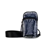 Bandolera porta celular color azul con efecto denim, con dos compartimentos con cierre y correa regulable de elástico.
